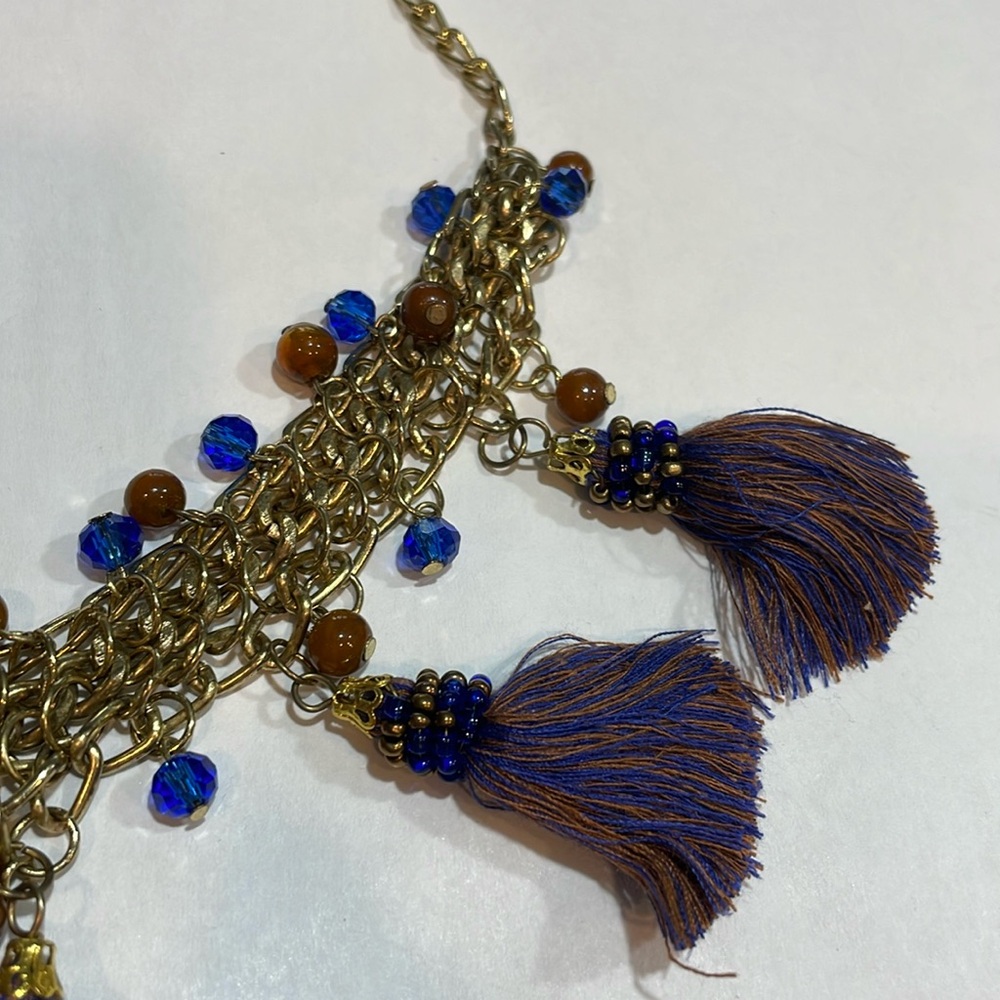 4/$20🛍️ Cost Plus World Market tassels beads necklace browns, blue, amber, gold